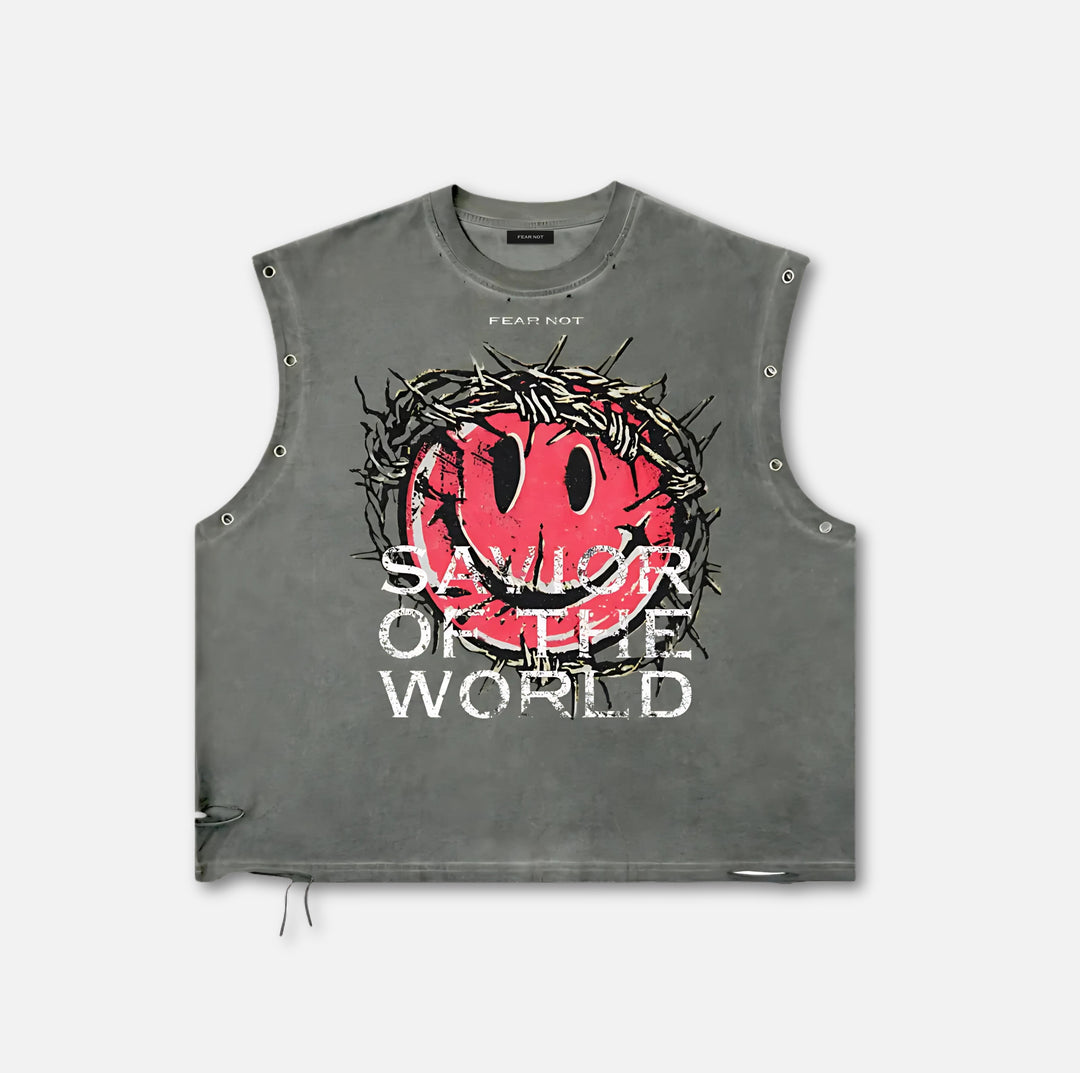 Smiley Savior Distressed Tank Top Gray S 